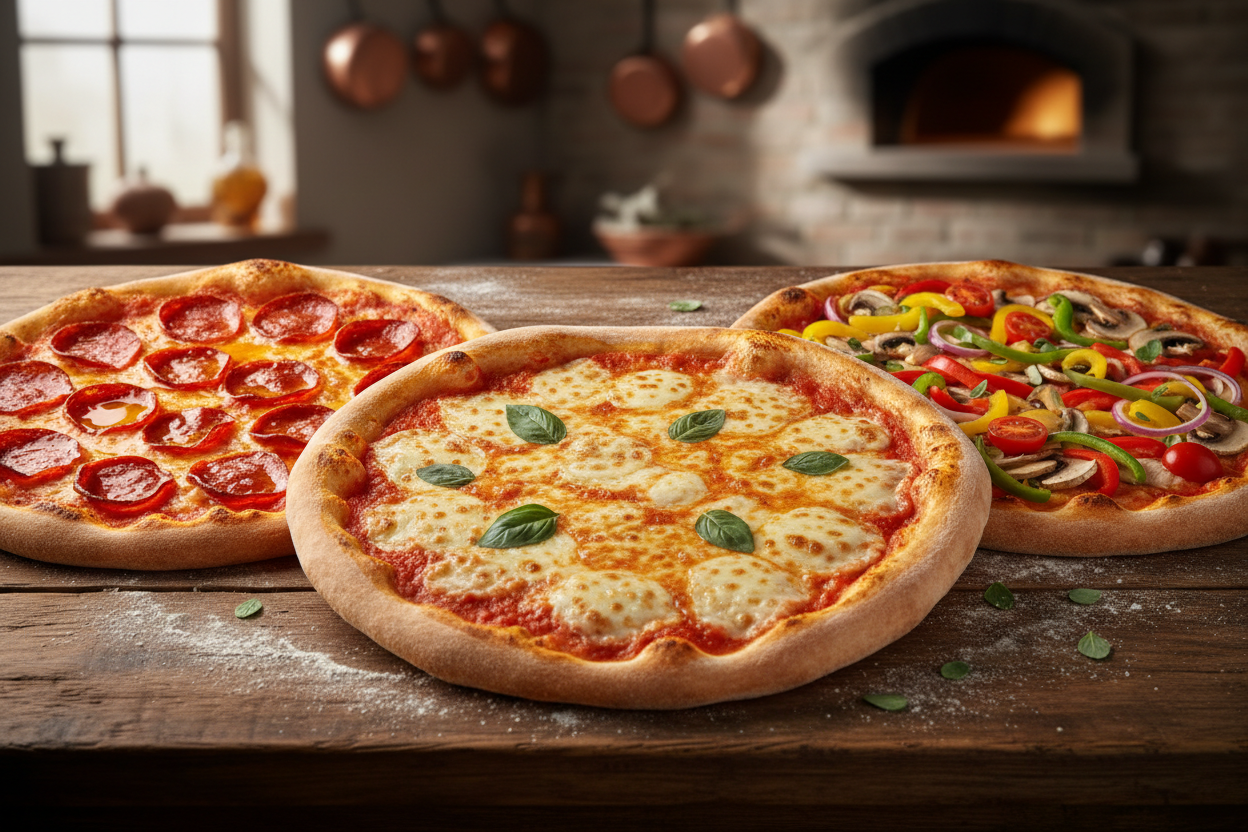 pizzas de queso, peperroni & vegetales