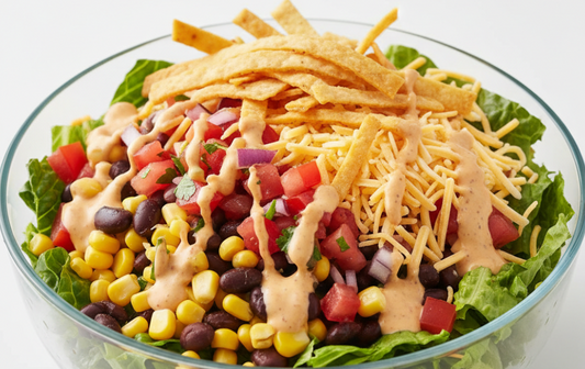 southwest salad con Lechuga romana, maíz, habichuela negra, pico de gallo, queso mixto, tiritas de tortilla y aderezo chipotle ranch.